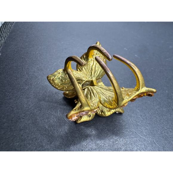 Vintage QS Signed Butterfly Hair Claws Metal Gold Tone Clear Rhinestones - Picture 10 of 10